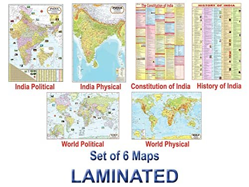 India & World Map ( Both Political & Physical ) with Constitution of India and History of India Chart | LAMINATED SET OF 6 Maps & Charts | Useful for UPSC, SSC, IES and other competitive exams