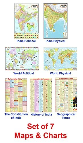 India & World Map ( Both Political & Physical ) with Constitution of India Chart, History of India Chart & Geography Terms Chart | Set Of 7 | Useful for UPSC and other exams | By VCP