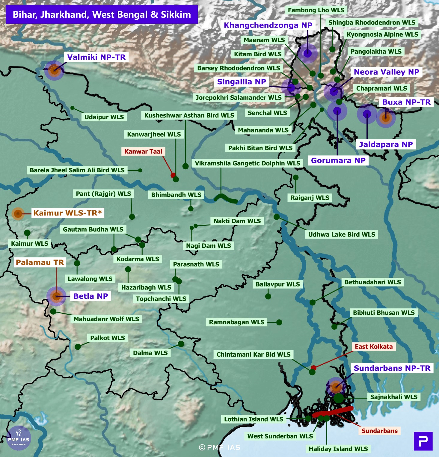 National Parks Tiger Reserves Wildlife Sanctuaries and Ramsar Sites of Bihar Jharkhand West Bengal Sikkim