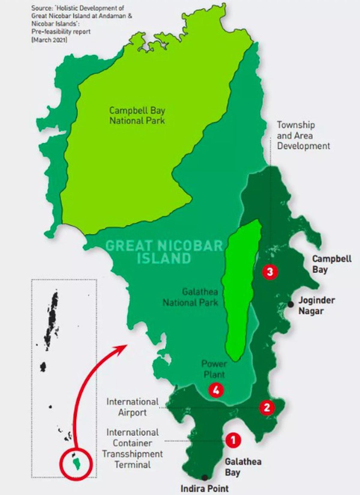 Map of the ₹72,000-crore mega project piloted by NITI Aayog for the “holistic development” of the Great Nicobar Island (GNI). Source: Pre-feasibility report (2021)