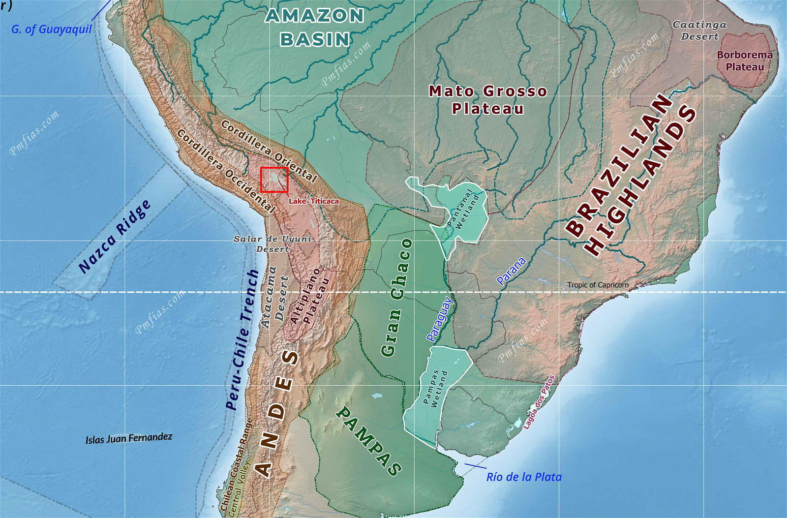 Amazon Basin, Brazilian Highlands and Andes