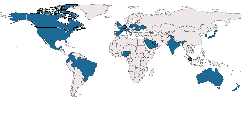 Location of the countries which are a signatory go the Artemis Accords