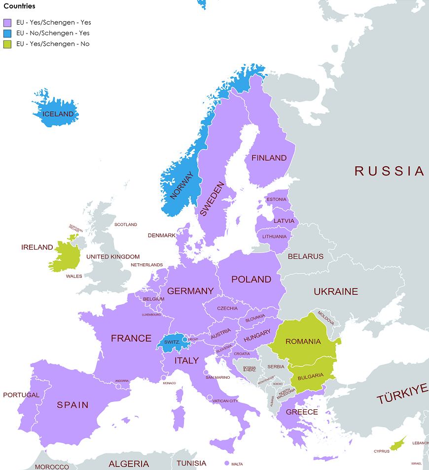 Map of the Schengen Area Countries