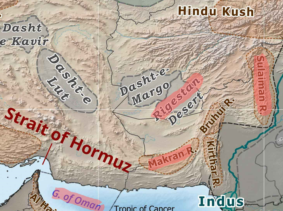 Strait of Hormuz Makran desert Dasht e kavir dasht e lut Hindu kush