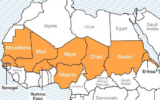 A map of countries/regions with orange and white areas
Description automatically generated