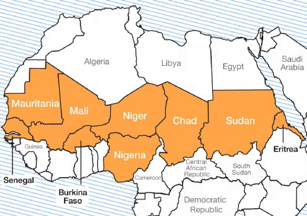 A map of countries/regions with orange and white areas Description automatically generated
